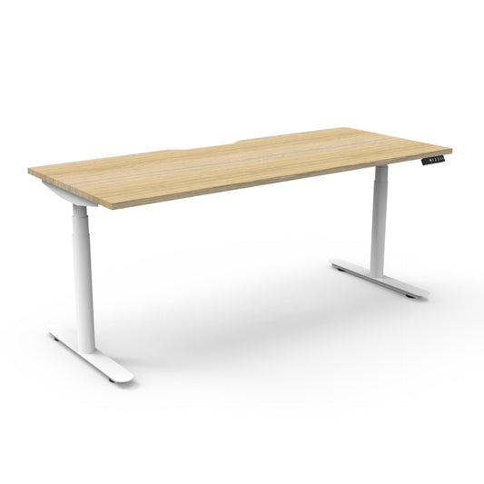 Halo+ electric single desk, Natural Oak / White Satin, without screen or cable tray. Representative image; proportions vary by size.