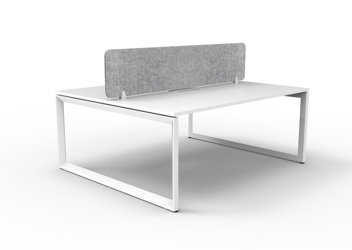 Infinity two-person loop-leg workstation, Natural White Top & White Satin Base, Marble Grey PET screen. Supplier representative 1800mm photograph; selected size may differ.