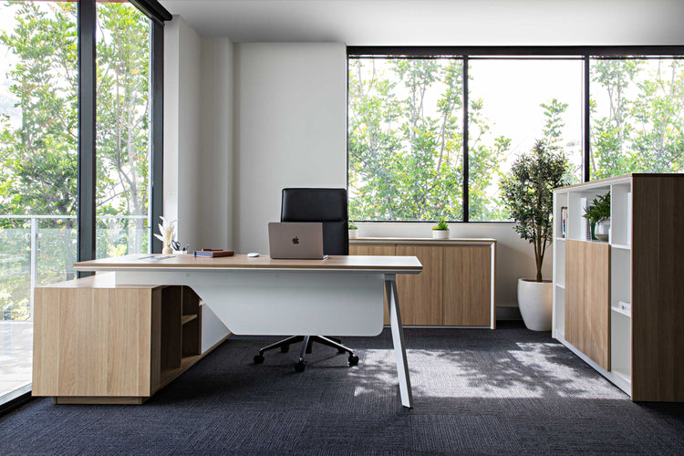 Executive desk with coordinated storage in a furnished office