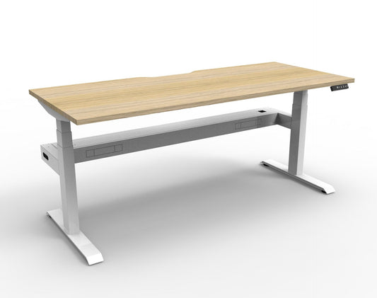 Boost+ electric single desk, Natural Oak / White Satin, without screen, with cable tray. Representative image; proportions vary by size.