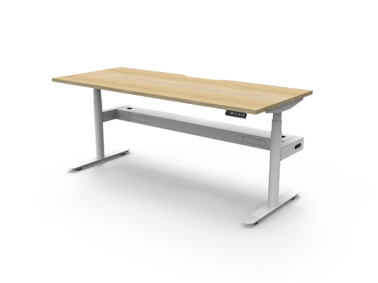 Halo+ electric single desk, Natural Oak / White Satin, without screen, with cable tray. Representative image; proportions vary by size.