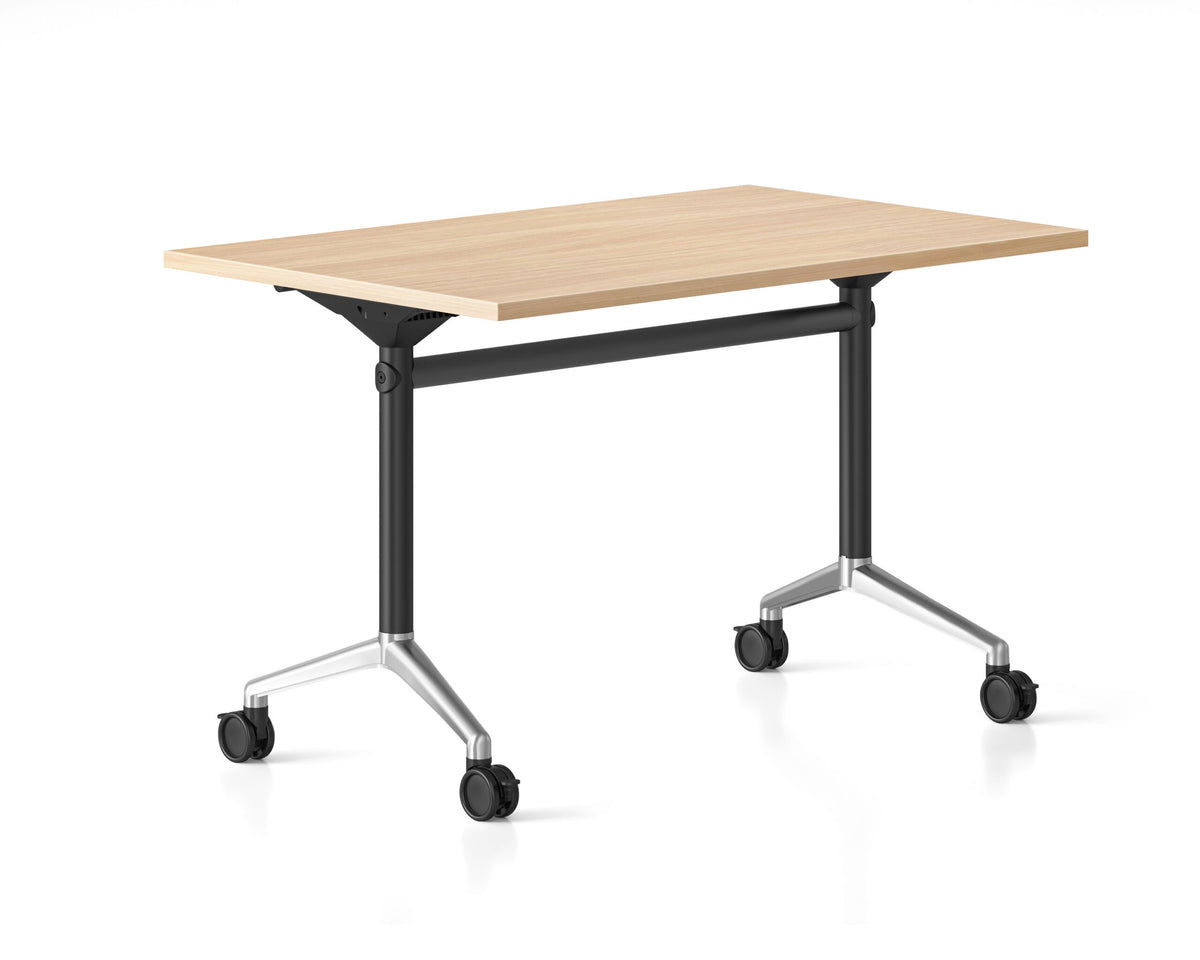 Typhoon Flip Top Table — Polished Aluminium Feet — 1200mm W x 600mm D, Natural Oak, Black P/C + Polished Aluminium — TFT126 NO
