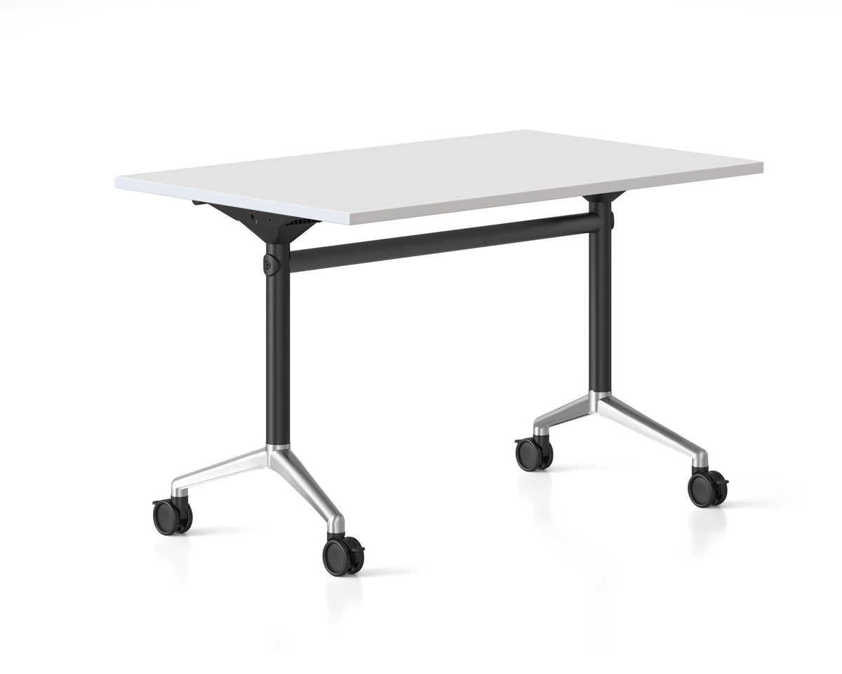 Typhoon Flip Top Table — Polished Aluminium Feet — 1200mm W x 600mm D, Natural White, Black P/C + Polished Aluminium — TFT126 NW