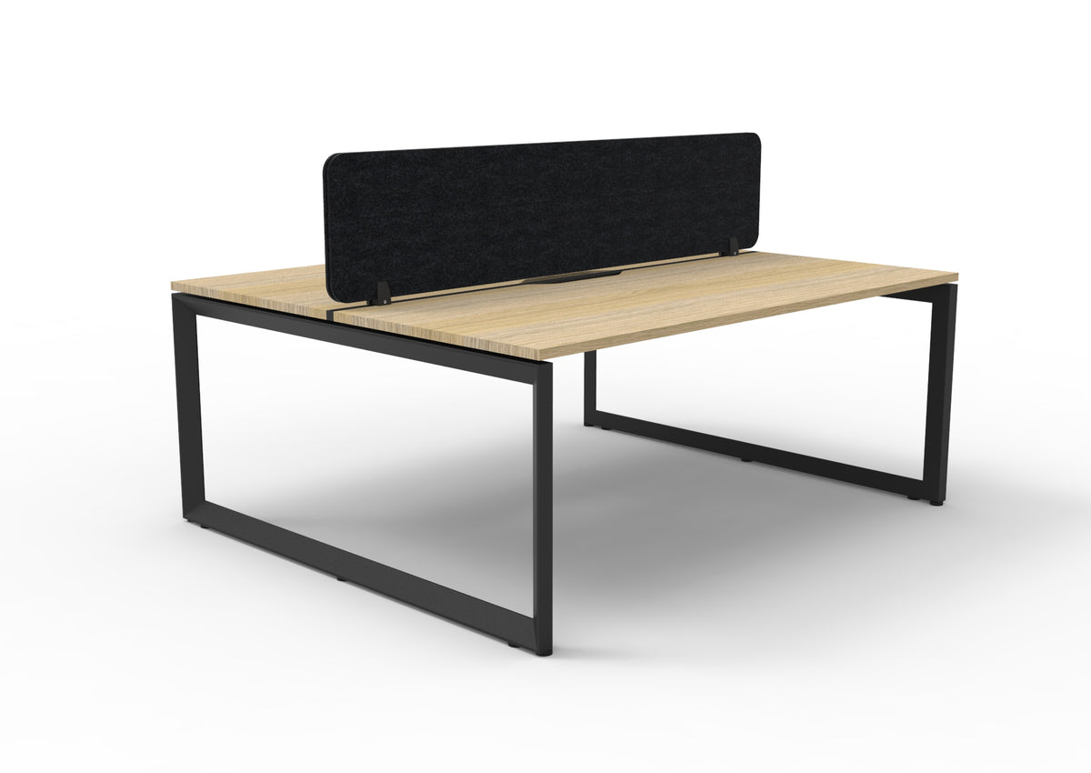 Infinity two-person loop-leg workstation, Natural Oak Top & Black Satin Base, Black PET screen. Supplier representative 1800mm photograph; selected size may differ.