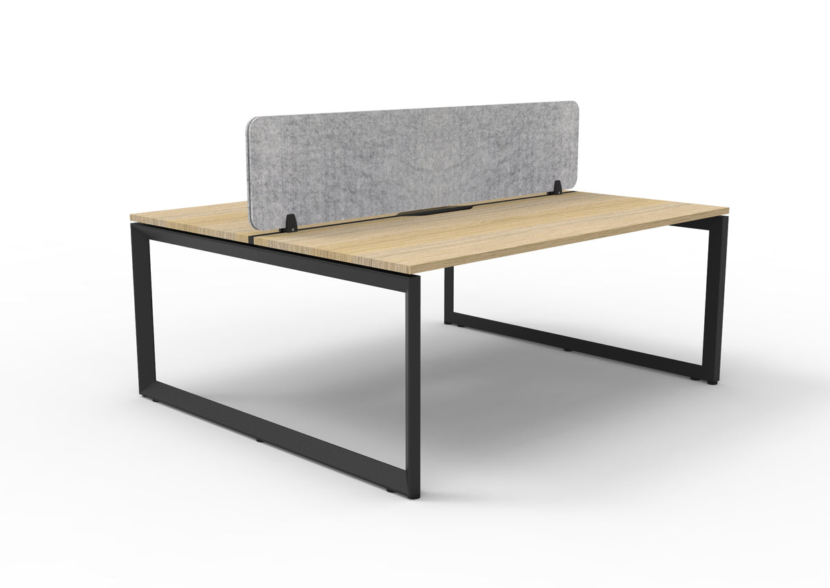 Infinity two-person loop-leg workstation, Natural Oak Top & Black Satin Base, Marble Grey PET screen. Supplier representative 1800mm photograph; selected size may differ.