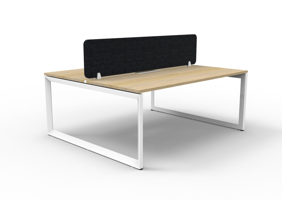 Infinity two-person loop-leg workstation, Natural Oak Top & White Satin Base, Black PET screen. Supplier representative 1800mm photograph; selected size may differ.