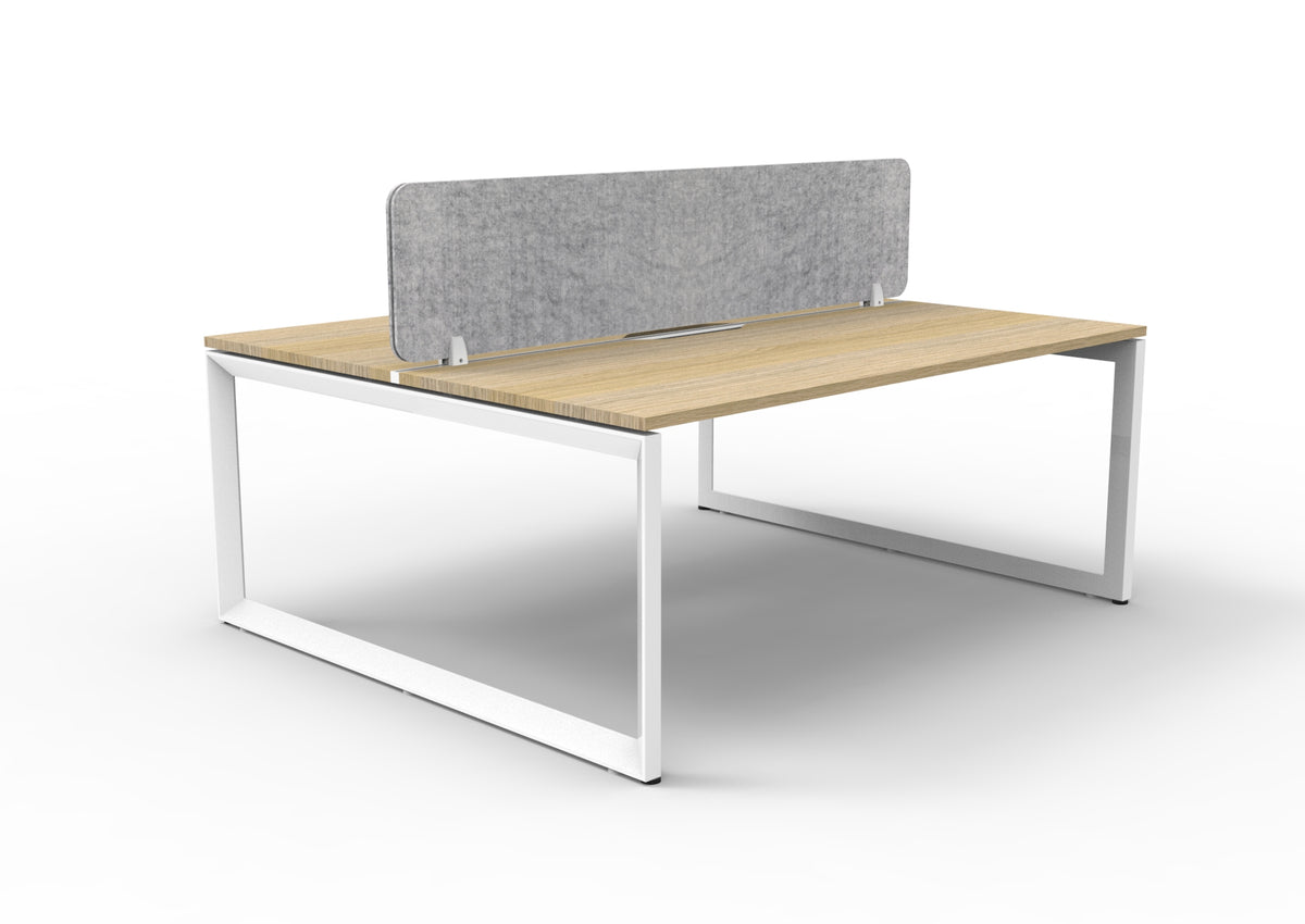 Infinity two-person loop-leg workstation, Natural Oak Top & White Satin Base, Marble Grey PET screen. Supplier representative 1800mm photograph; selected size may differ.