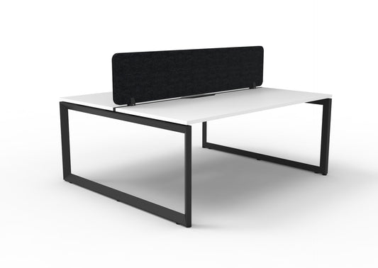 Infinity two-person loop-leg workstation, Natural White Top & Black Satin Base, Black PET screen. Supplier representative 1800mm photograph; selected size may differ.