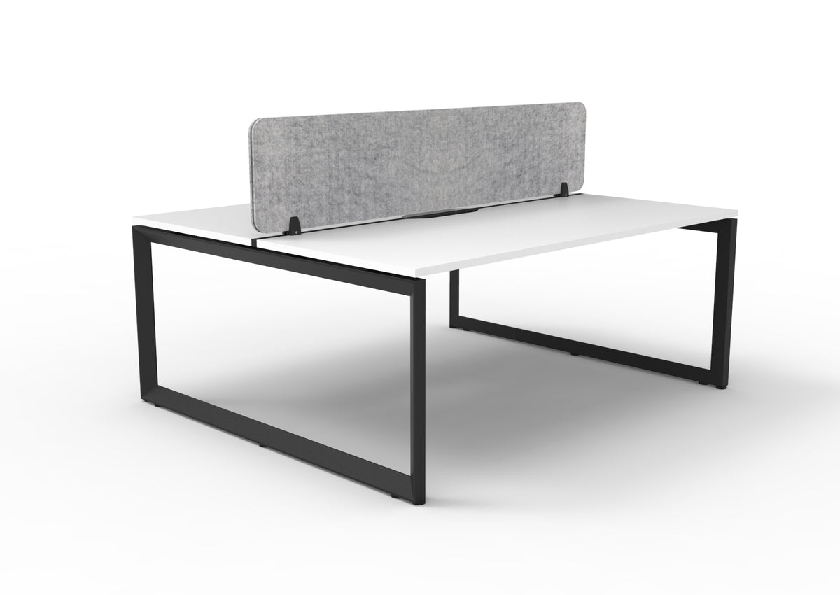 Infinity two-person loop-leg workstation, Natural White Top & Black Satin Base, Marble Grey PET screen. Supplier representative 1800mm photograph; selected size may differ.