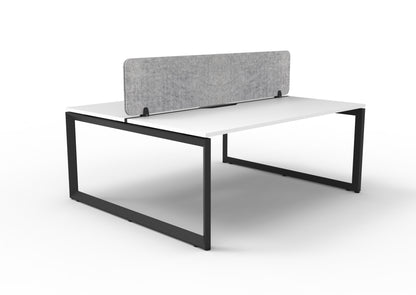 Infinity two-person loop-leg workstation, Natural White Top & Black Satin Base, Marble Grey PET screen. Supplier representative 1800mm photograph; selected size may differ.