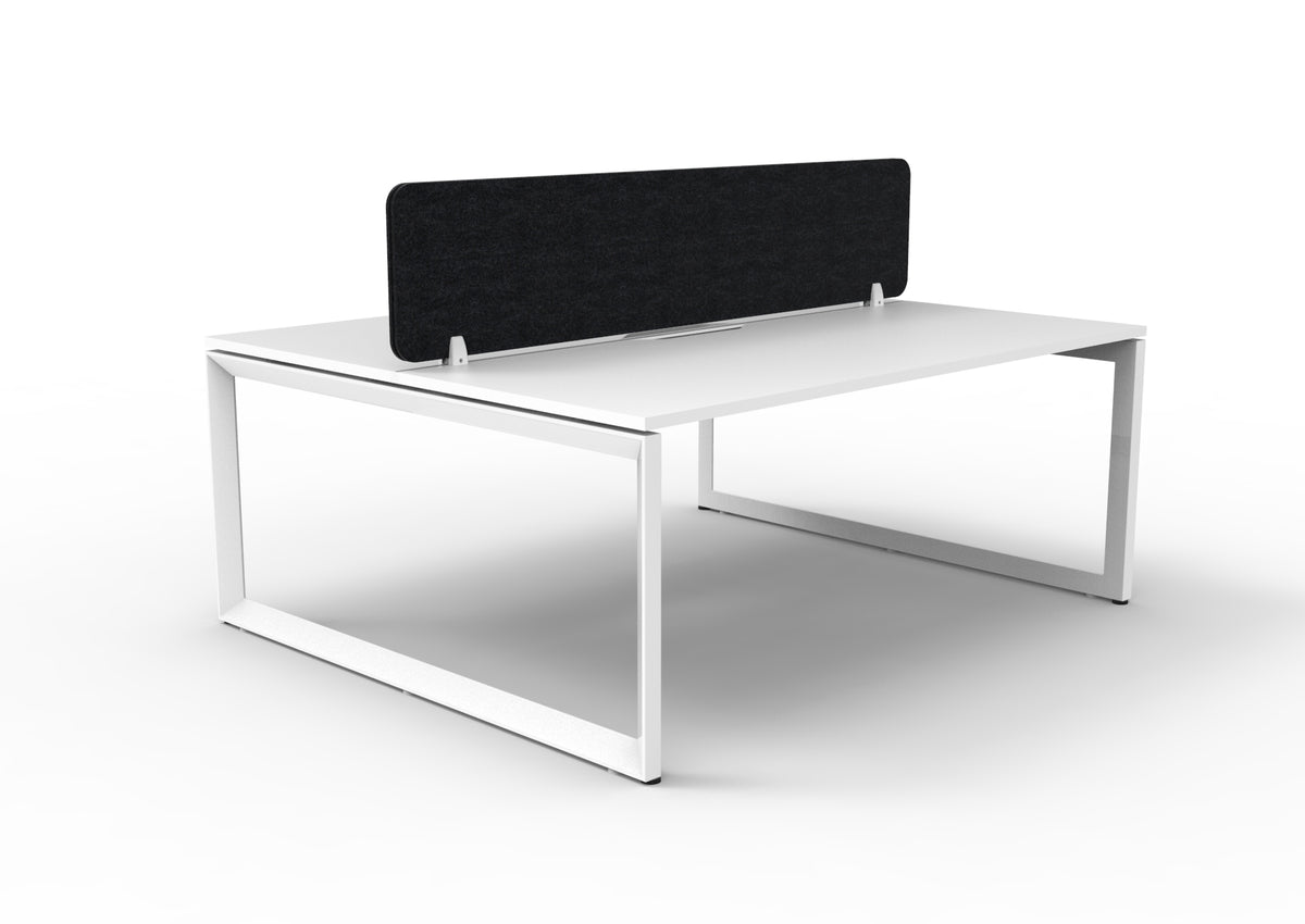 Infinity two-person loop-leg workstation, Natural White Top & White Satin Base, Black PET screen. Supplier representative 1800mm photograph; selected size may differ.