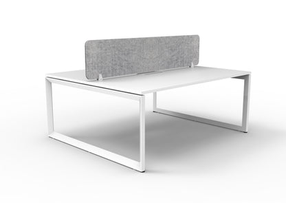 Infinity two-person loop-leg workstation, Natural White Top & White Satin Base, Marble Grey PET screen. Supplier representative 1800mm photograph; selected size may differ.